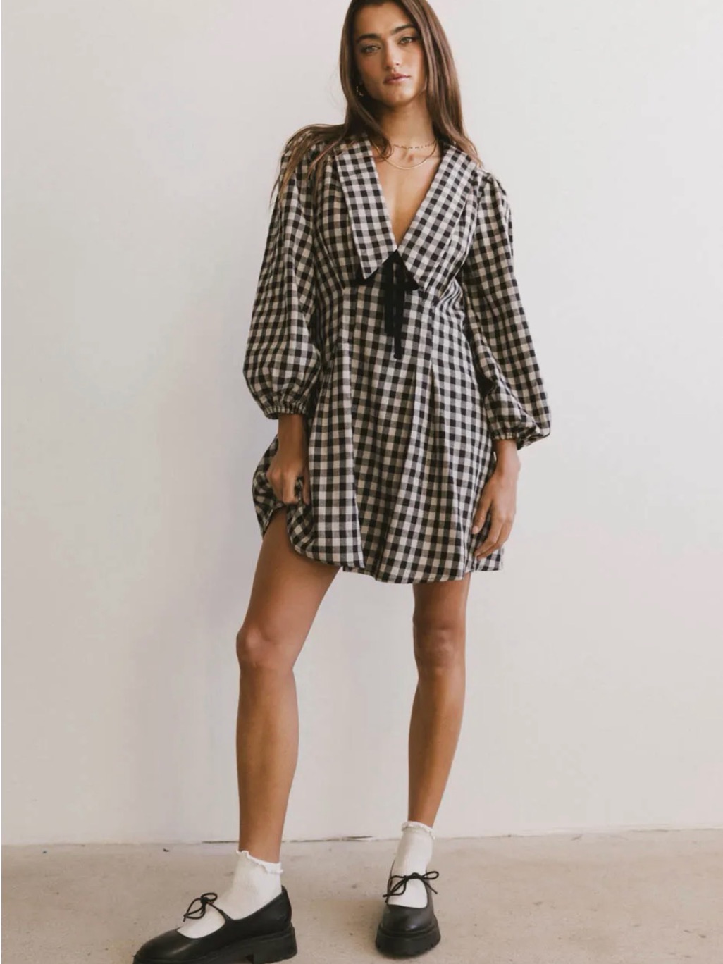 Bohme Black & White Gingham V-Neck Mini Dress With Tie